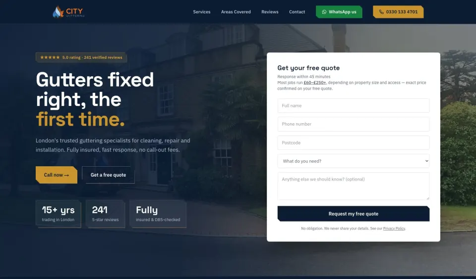 Screenshot of the City Guttering website homepage