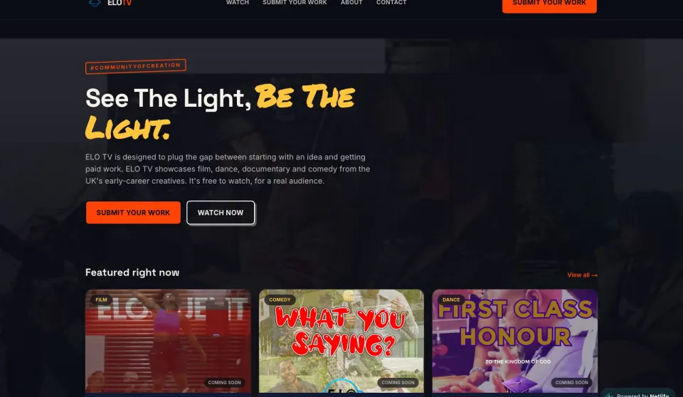Screenshot of the ELO TV website homepage