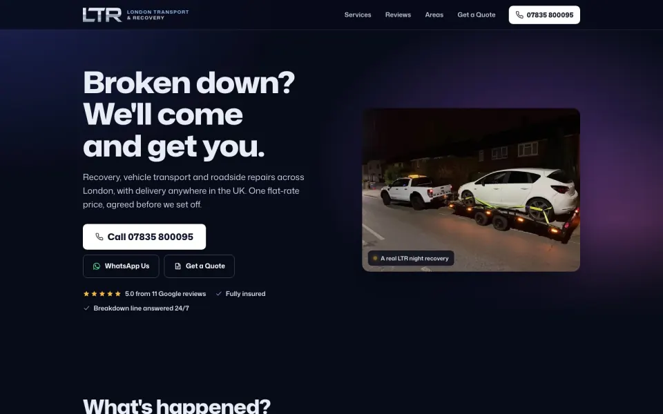 Screenshot of the London Transport & Recovery website homepage