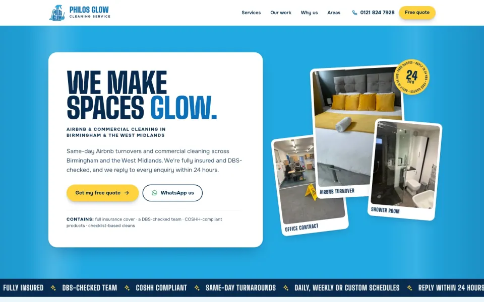 Screenshot of the Philos Glow Cleaning website homepage